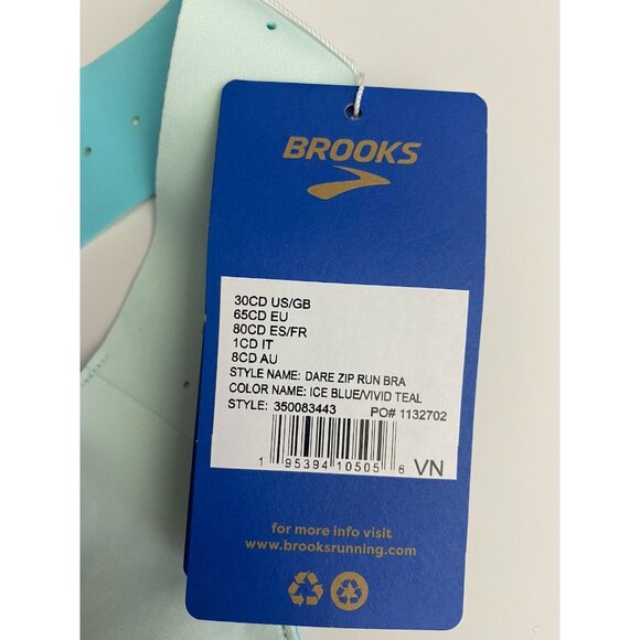 Brooks 30C/D Dare Zip Front Run Bra 2.0 Ice Blue Vivid Teal Molded Sports Bra - Picture 8 of 9